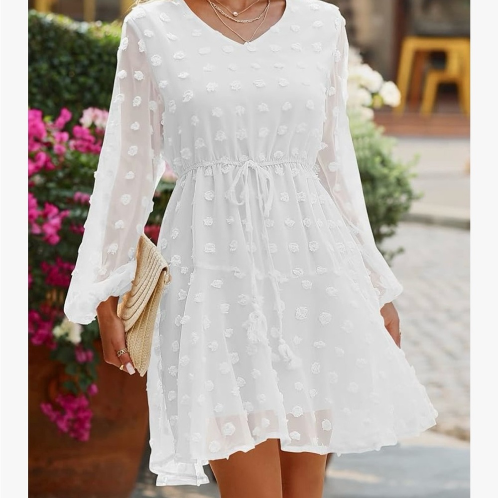 White Long Sleeve V-Neck Sundress